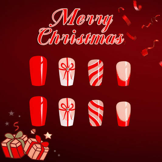 Festive Holiday Cheer Medium Square Vibrant Red with Charming Gift and Candy Cane Designs Press-On Nail Set
