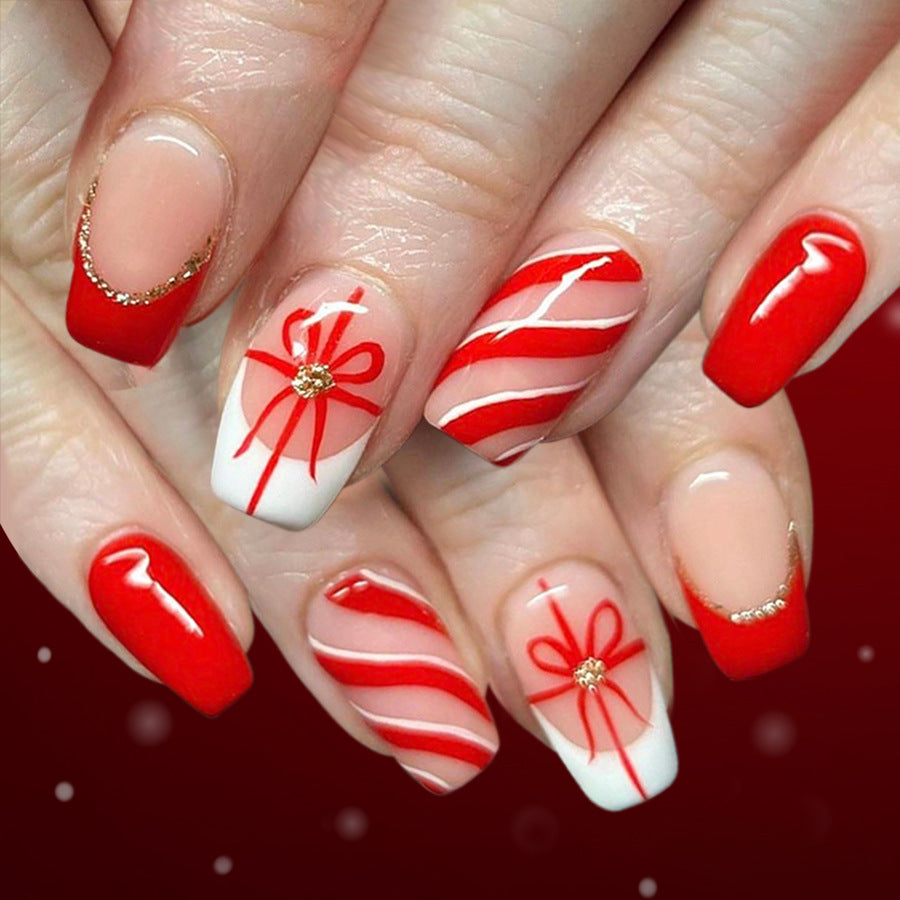 Festive Holiday Glamour Medium Square Red and White Long Nails with Glittering Bow Accents