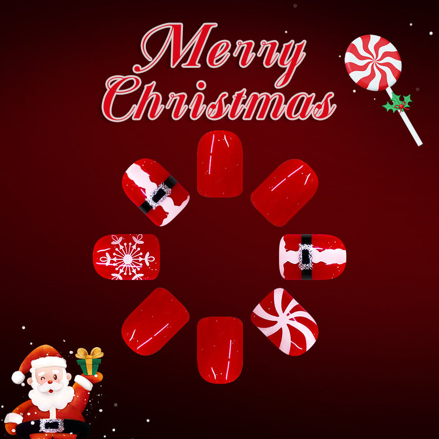 Festive Holiday Cheer Glossy Red Short Square Press On Nail Set with Santa and Snowflake Designs