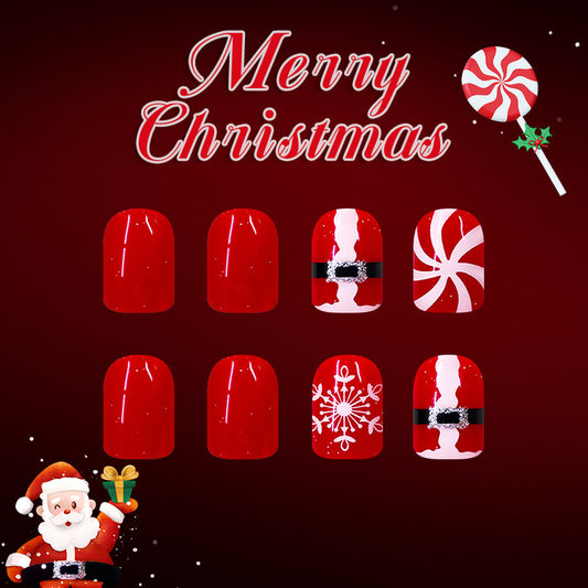 Festive Winter Wonderland Short Square Red with Santa and Snowflake Designs Press On Nail Set