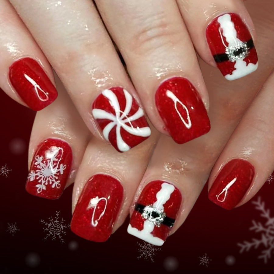 Festive Holiday Magic Red Short Square Press On Nail Set with Sparkling Santa Claus Design