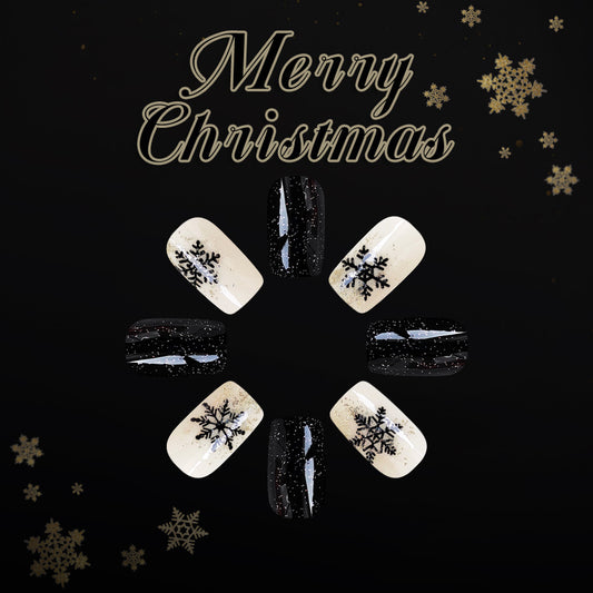 Festive Winter Wonderland Press on Nail Set Medium Square Black and White with Snowflake Accents