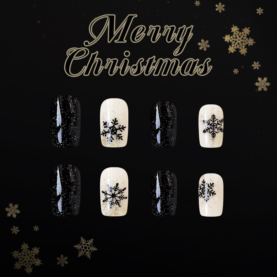 Winter Wonderland Medium Square Black and White Nails with Snowflake Design