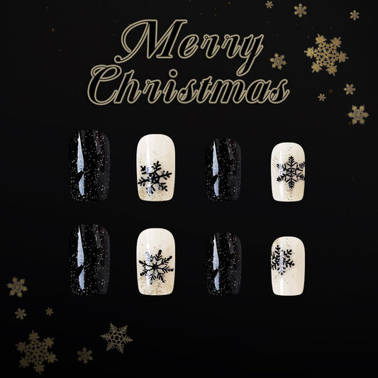 Winter Wonderland Medium Square Black and White Nails with Snowflake Design
