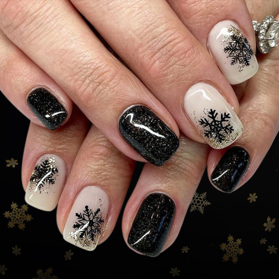 Winter Wonderland Medium Square Black and Cream with Glittery Snowflake Design Press-On Nail Set