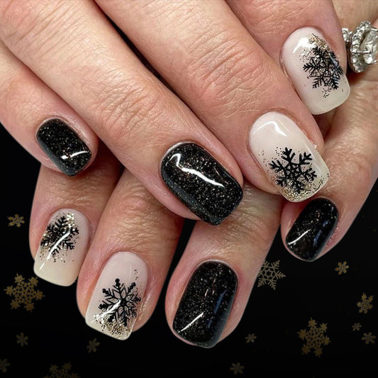 Winter Wonderland Medium Square Black and Cream with Glittery Snowflake Design Press-On Nail Set