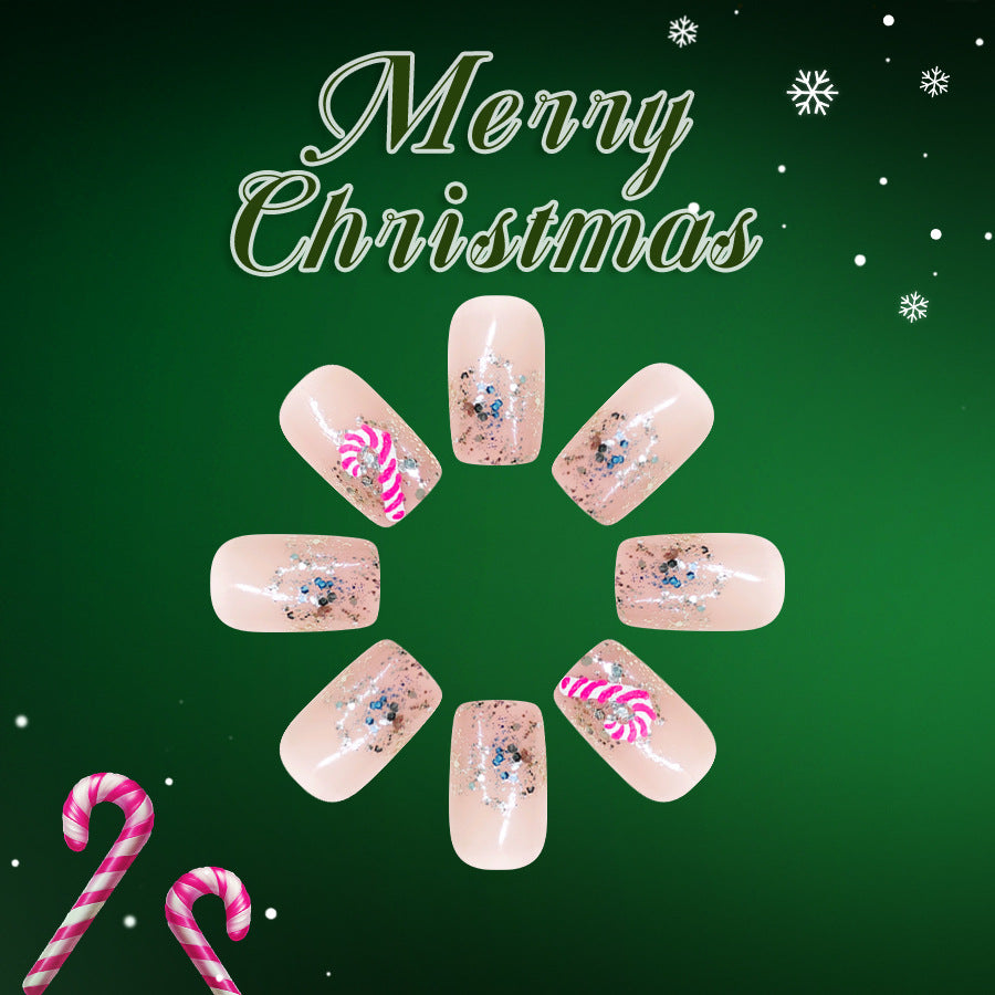 Holiday Cheer Elegant Medium Square Beige Glitter Candy Cane Design Press On Nail Set