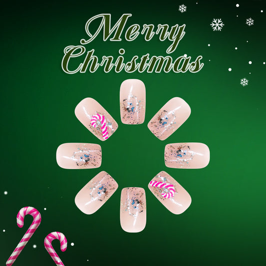 Holiday Cheer Elegant Medium Square Beige Glitter Candy Cane Design Press On Nail Set