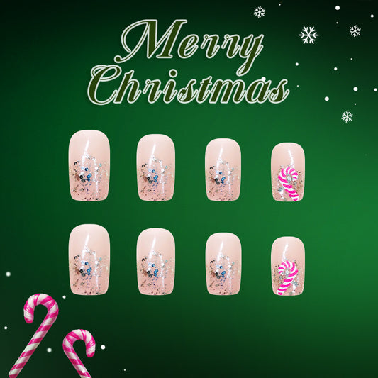Festive Candy Cane Glossy Medium Square Beige Glitter Press On Nail Set