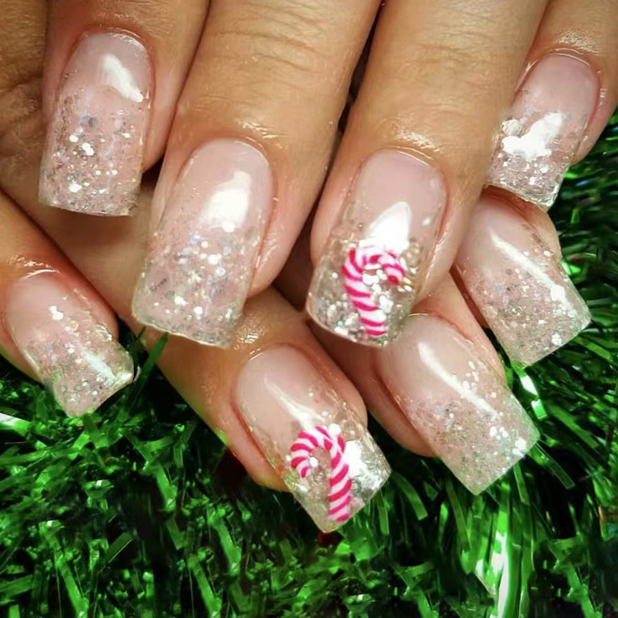 Festive Glamour Medium Square Clear Glitter Press On Nail Set with Candy Cane Accent