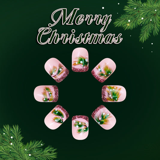 Festive Winter Charm Short Square Pink with Glittery Holiday Art Press On Nail Set