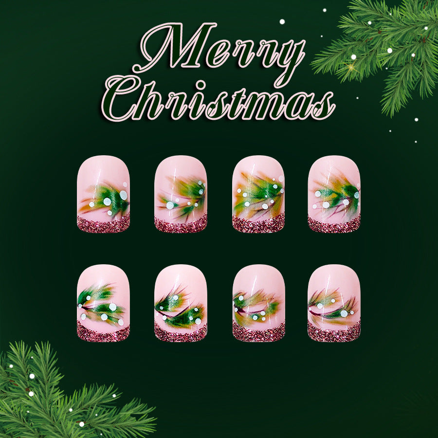 Festive Elegance Short Square Pink with Glittery Green and White Pine Design Press On Nail Set
