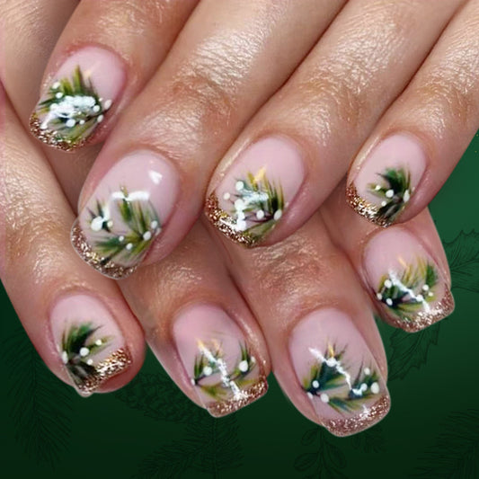 Enchanted Forest Short Square Press On Nail Set in Elegant Beige with Vibrant Greenery and Sparkling Gold Tips