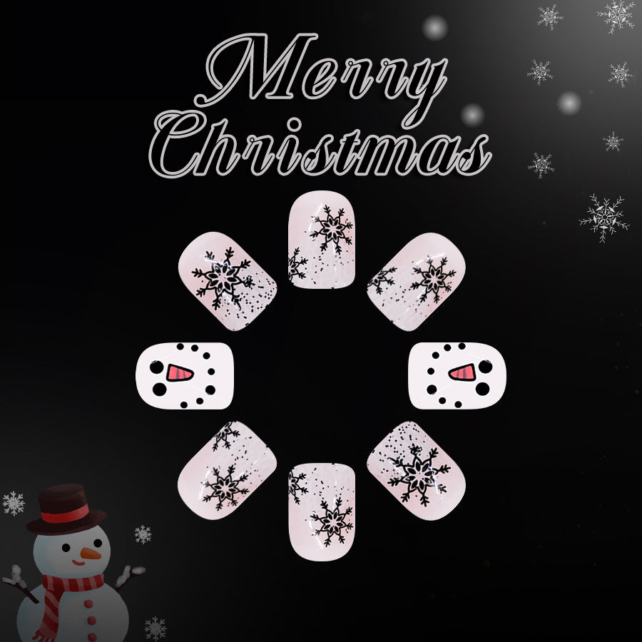 Festive Snowman Charm Press On Nail Set Short Square Pink with Sparkling Snowflake Designs