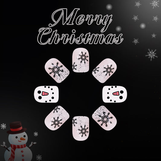 Festive Snowman Charm Press On Nail Set Short Square Pink with Sparkling Snowflake Designs