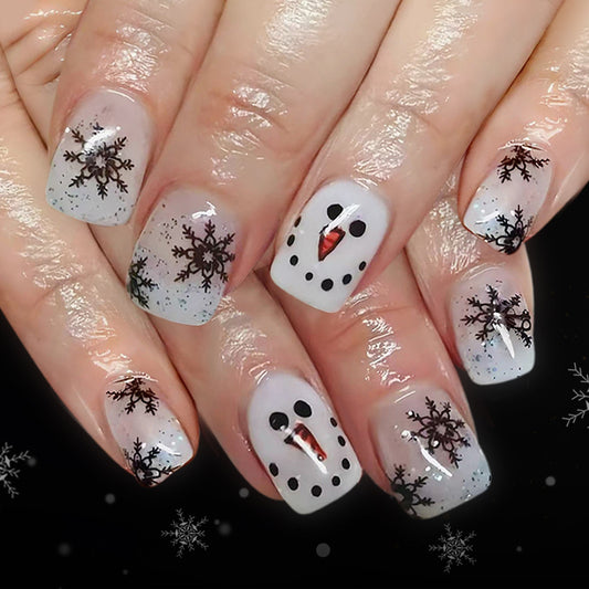Winter Wonderland Short Square Clear Press On Nail Set with Snowflake and Snowman Art