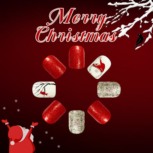 Festive Winter Wonderland Short Square Red and White with Glittering Accents Christmas Nail Set