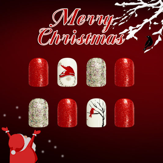 Festive Cheer Glossy Short Square Red and Glittery Bird Design Nail Set