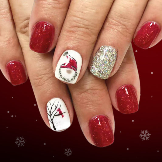 Festive Winter Wonderland Short Square Red Glittery Press On Nail Set Featuring Santa and Stunning Accent Design