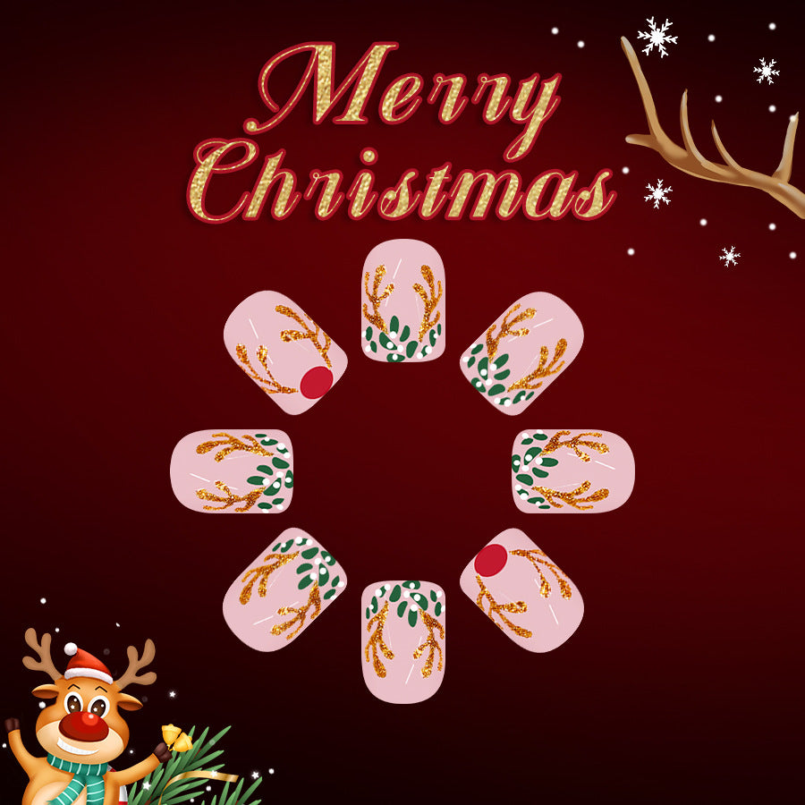 Festive Elegance Christmas Press On Nail Set Short Square Pink with Holiday Floral Design