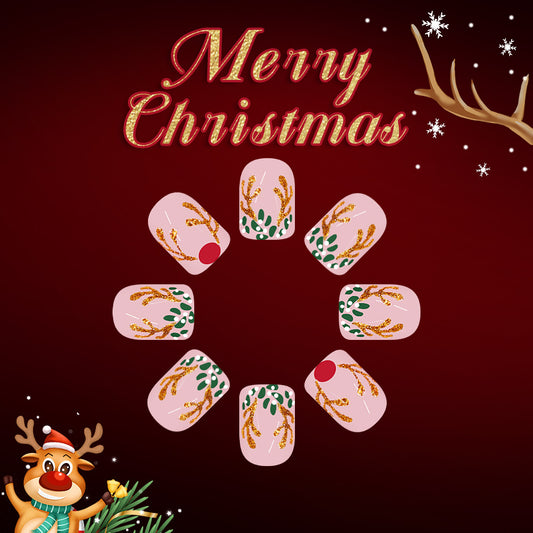 Festive Elegance Christmas Press On Nail Set Short Square Pink with Holiday Floral Design
