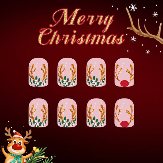 Festive Charm Short Square Pink with Glittery Holiday Decoration Press on Nail Set
