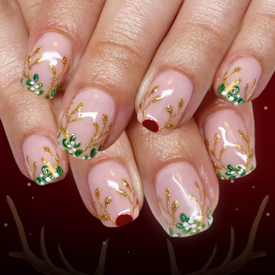 Festive Glamour Short Square Blush Pink with Elegant Gold and Green Holiday Design Press-On Nail Set