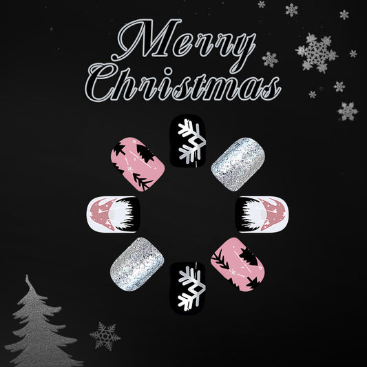 Festive Winter Wonderland Short Square Pink Black Silver Glitter Snowflake Press On Nail Set