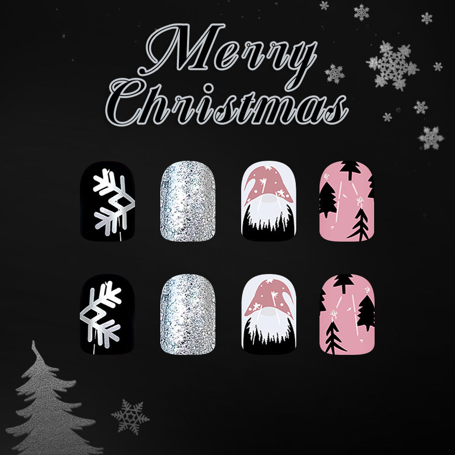 Festive Winter Wonderland Short Square Black and Pink with Glittering Snowflake Charm Press On Nail Set