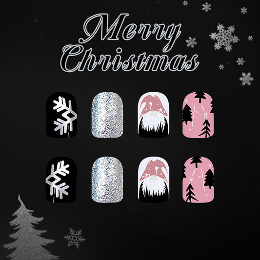 Festive Winter Wonderland Short Square Black and Pink with Glittering Snowflake Charm Press On Nail Set