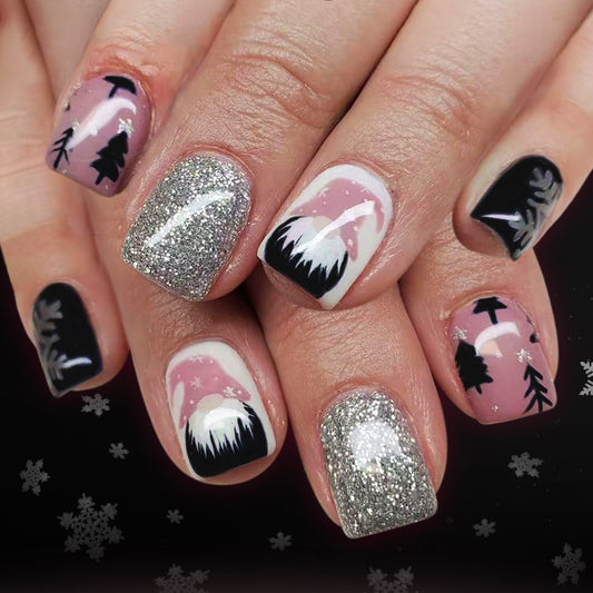 Winter Wonderland Short Square Pink Black and Silver Glittery Forest Nail Set