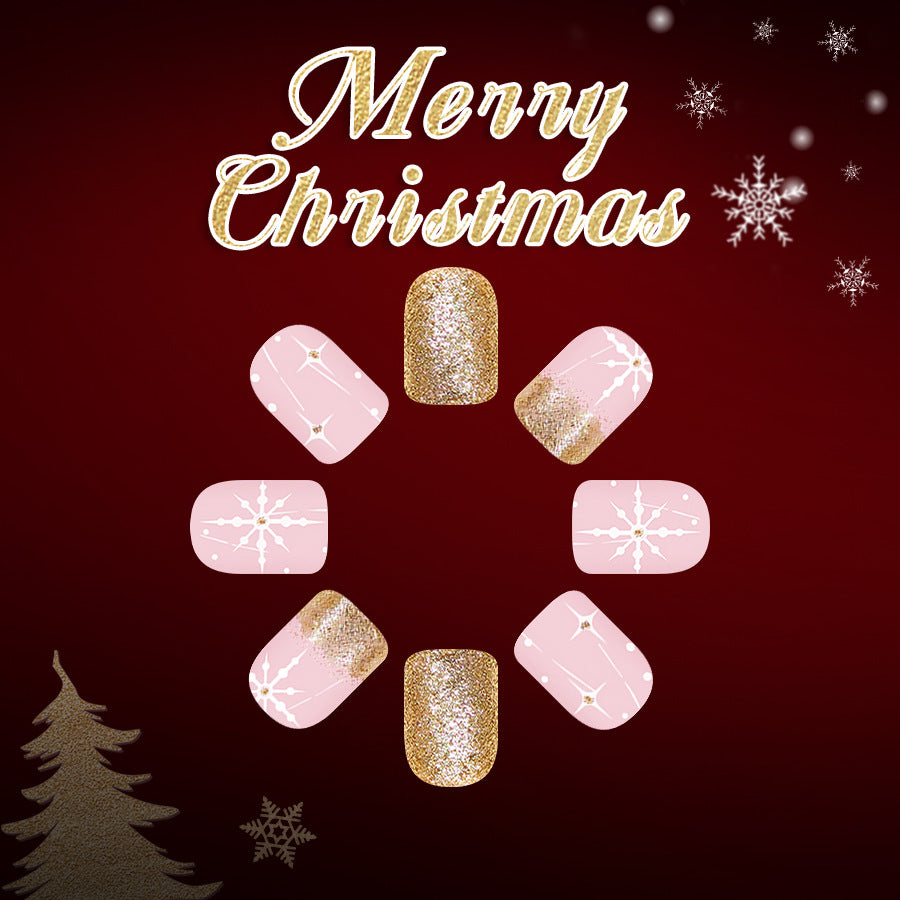 Festive Charm Short Square Pink with Glittering Snowflake Designs Press-On Nail Set