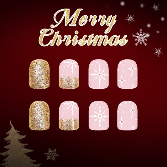 Festive Elegance Short Square Shimmering Gold and Soft Pink with Sparkling Snowflake Designs Press-On Nail Set