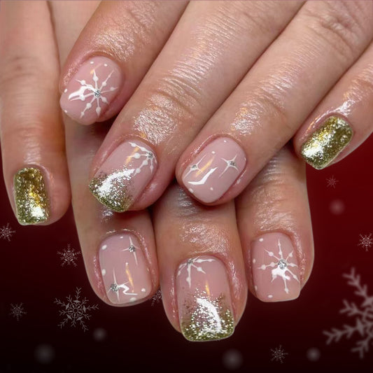 Winter Wonderland Square Short Blush Pink with Shimmering Gold Tips and Snowflake Design Press-On Nail Set