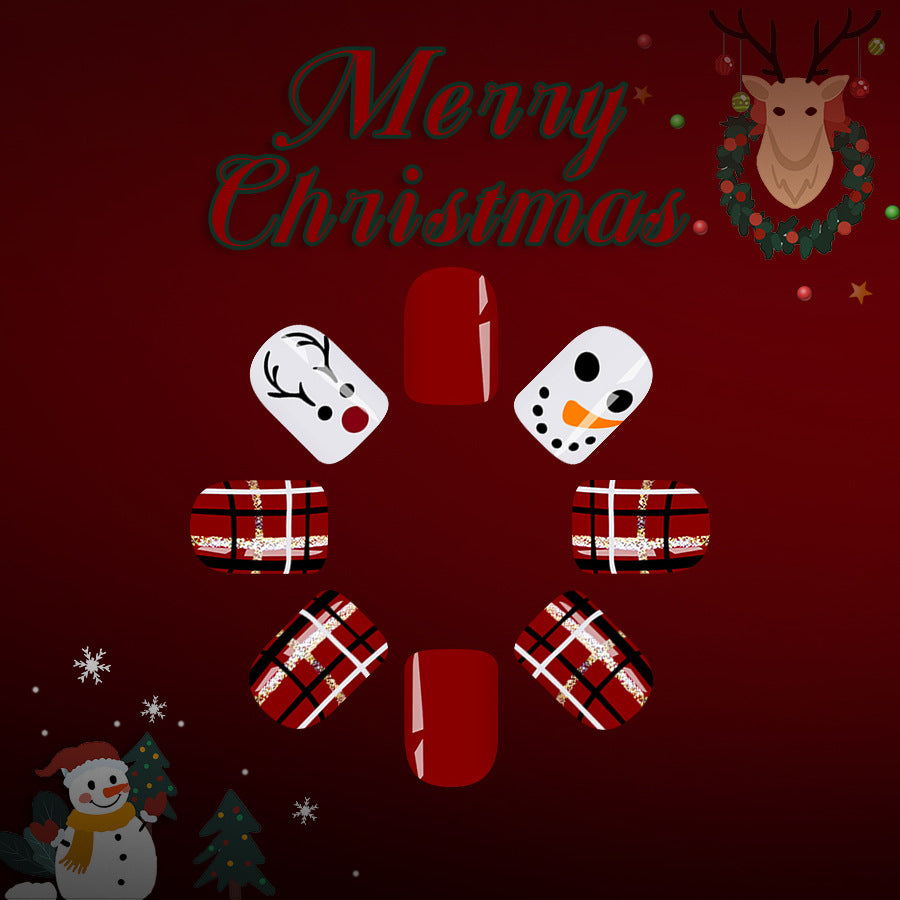 Festive Cheer Red Short Square Press On Nail Set with Holiday Characters and Plaid Design