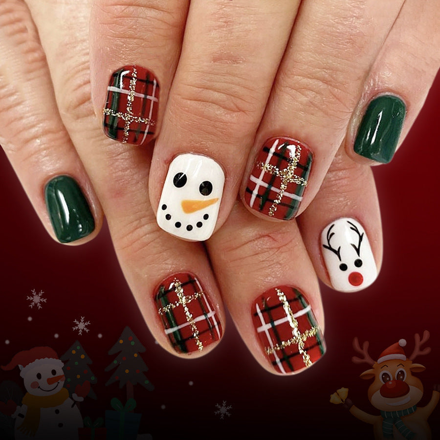 Festive Charm Short Square Green and Red Plaid with Snowman and Reindeer Design Press On Nail Set