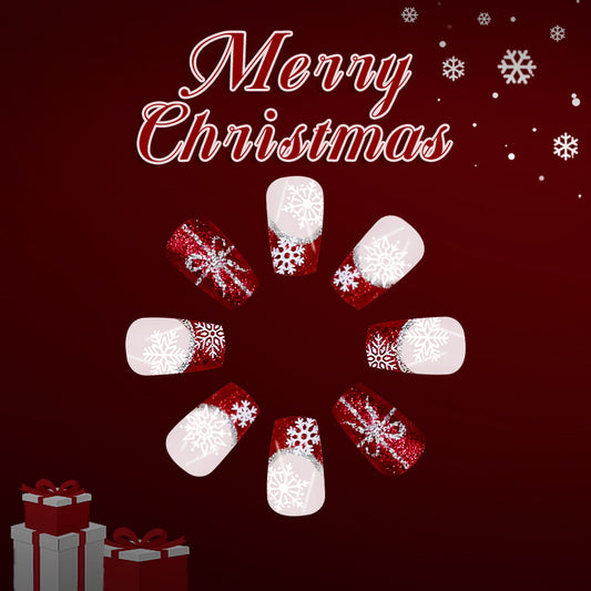 Festive Winter Wonderland Medium Coffin Red and White Snowflake Press On Nail Set