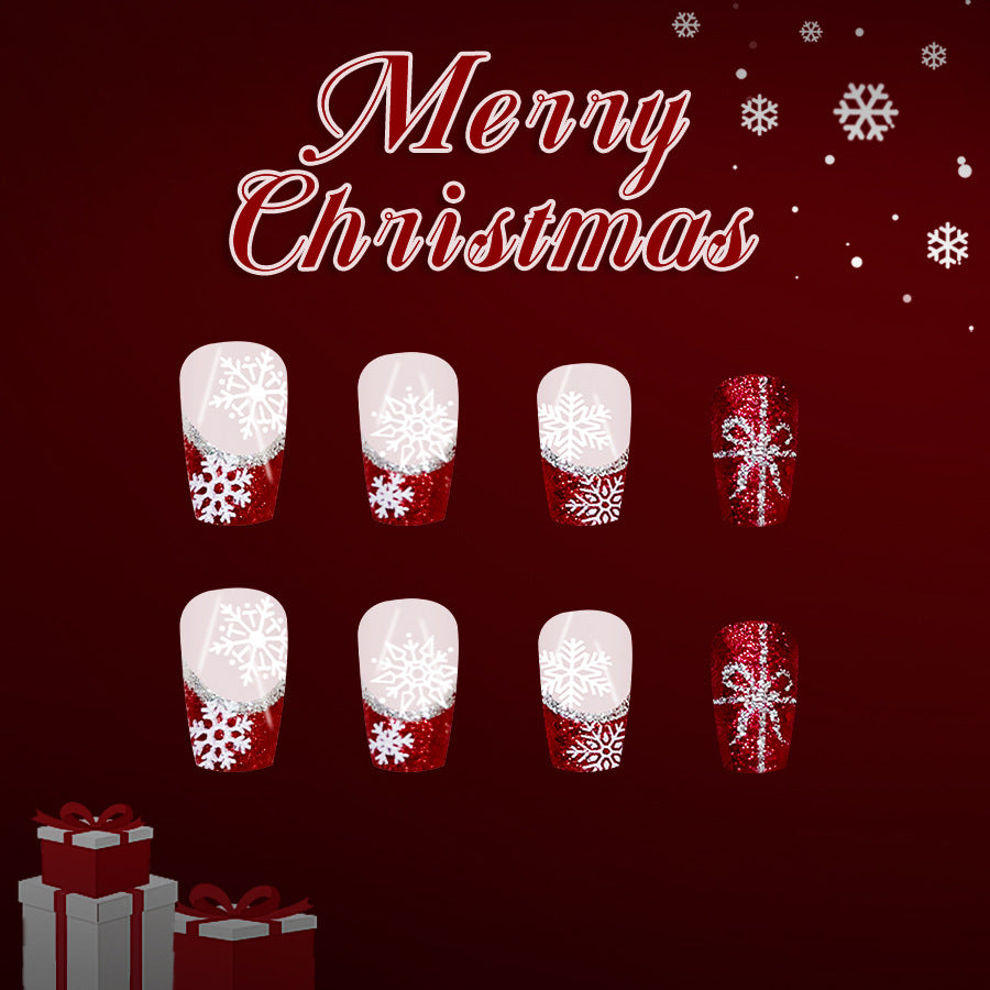Festive Winter Wonderland Medium Coffin Red Glittery Snowflake Press-On Nail Set