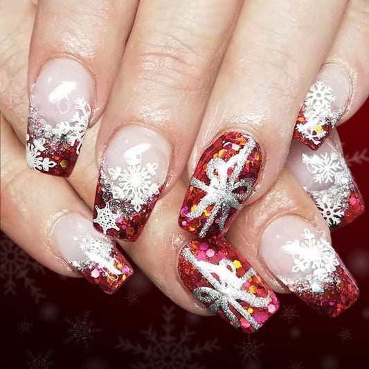 Winter Wonderland Medium Coffin Red Ombre Nail Set with Glittering Snowflake Design