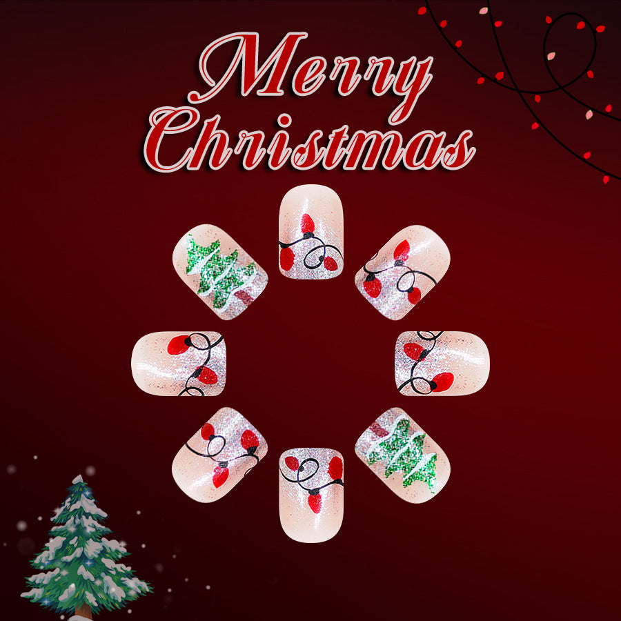 Festive Spirit Glossy Short Square Red and Green Christmas Tree Design Press On Nails Set