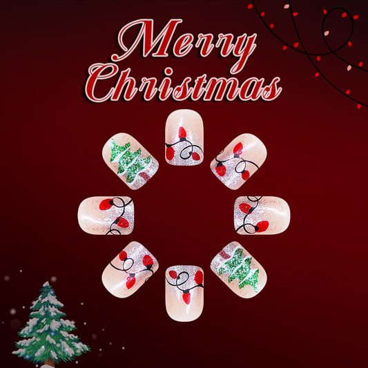Festive Spirit Glossy Short Square Red and Green Christmas Tree Design Press On Nails Set