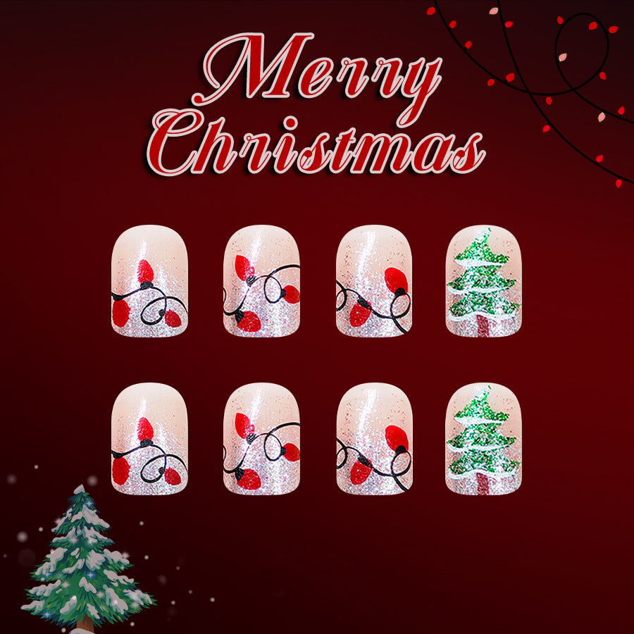 Festive Cheer Short Square Beige with Sparkling Christmas Lights and Glittery Tree Press On Nail Set