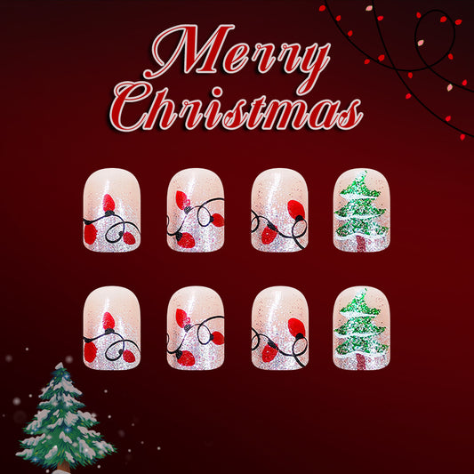 Festive Cheer Short Square Beige with Sparkling Christmas Lights and Glittery Tree Press On Nail Set