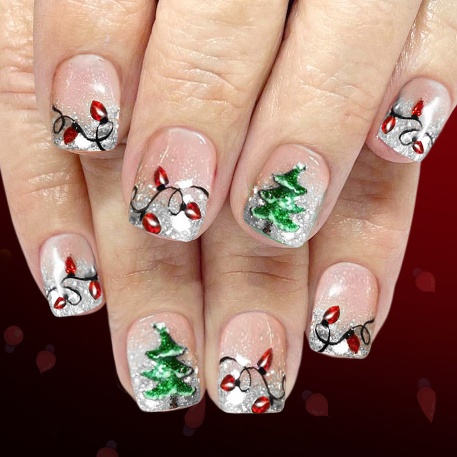 Festive Charm Short Square Red and Green Holiday Tree Design Press On Nail Set