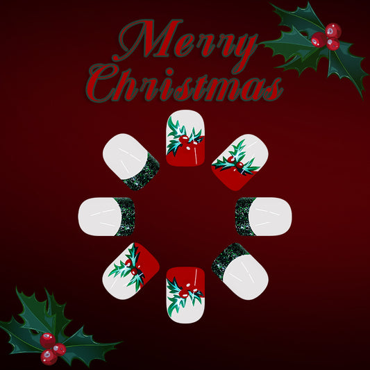 Festive Winter Wonderland Short Square Red and Green Holly Detail Press on Nail Set