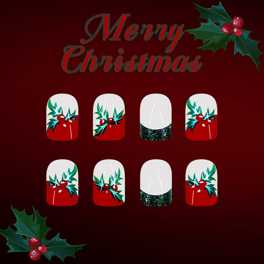 Festive Joy Red and White Short Square Press On Nail Set with Glittering Green Accent and Holly Design