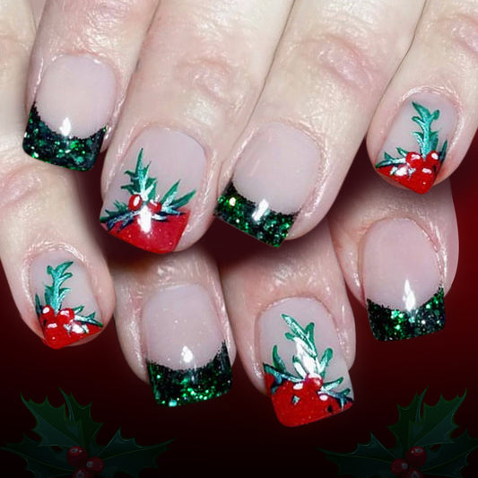 Festive Charm Short Square Green and Red Glitter Holiday Press On Nail Set