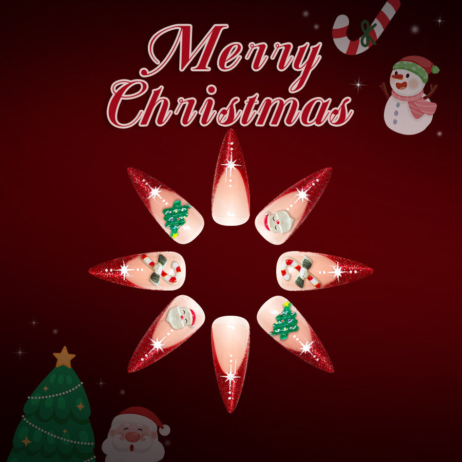 Christmas Glamour Long Stiletto Red Glitter Nails with Festive Santa and Tree Designs