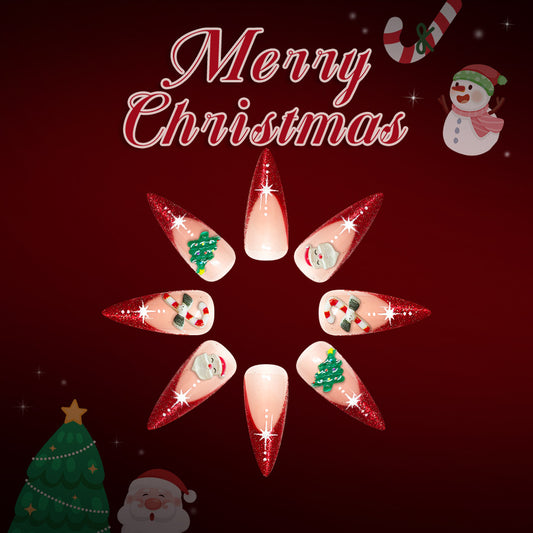 Christmas Glamour Long Stiletto Red Glitter Nails with Festive Santa and Tree Designs