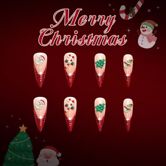 Christmas Cheer Long Stiletto Red Glitter with Festive Holiday Decorations Press On Nail Set